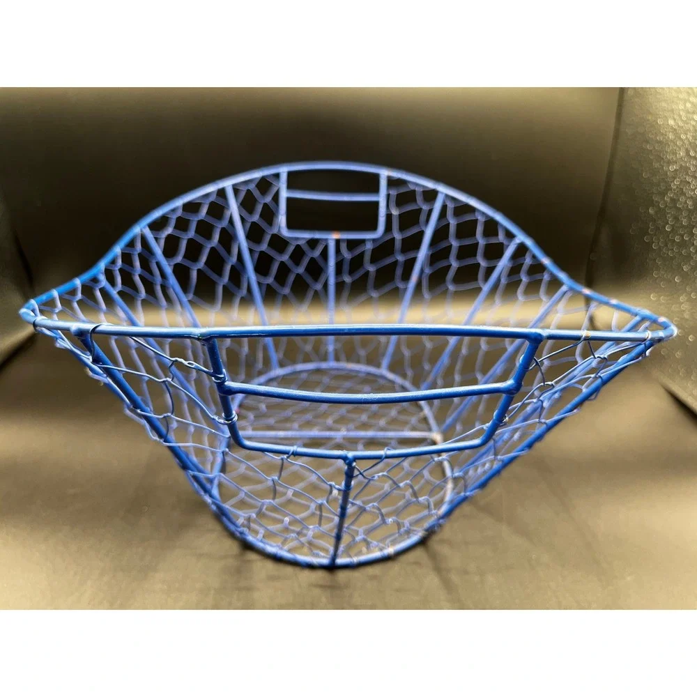 Blue Metal Chicken Wire Basket Scalloped Oval Storage Fruit Bowl Handles 16x12